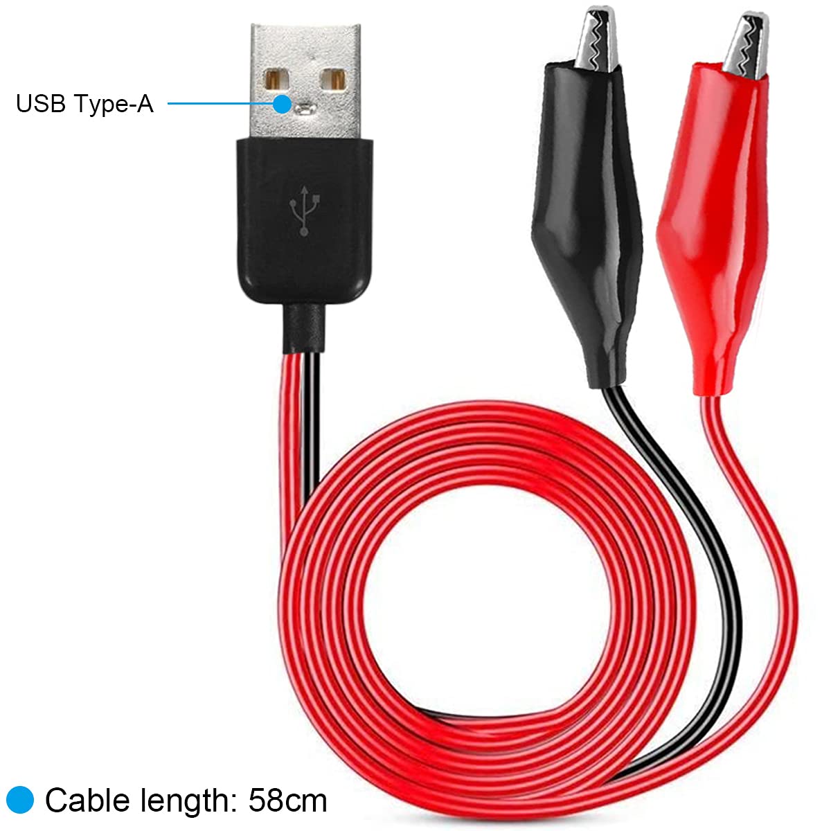Crocodile Clip Set - คลิปจระเข้เป็น USB, ที่หนีบจระเข้เป็นสายเชื่อมต่อตัวผู้ USB Type-A สายทดสอบทองแดงสําหรับการทดสอบแหล่งจ่ายไฟของวงจร
